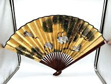 Vintage Asian Hand Painted Birds Gilded Gold Large Fold Out Fan Wall Art 21”x36” picture