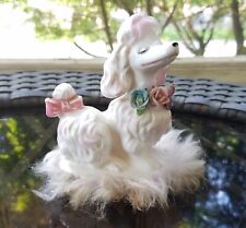 Vintage Napco White Poodle Figurine w/ Flowers on Furry Base Kitsch C-6902 picture