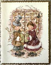 Unused Christmas Victorian Boy Girl Sing Snow Vintage Greeting Card 1950s 1960s picture