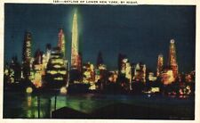 Postcard NY Lower New York City Skyline by Night Linen Vintage PC K852 picture