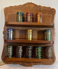 Vintage Carved Wood Spice rack With Eleven Tins 21 1/2x16 1/2 inches picture