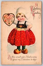 Ellen H Clapsaddle Valentine~Dutch Girl Holds Up Cross Stitch Heart~WOLF~1919 picture