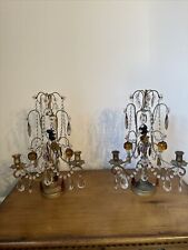 Pair Old Vintage French Girandoles Candleholders Crystal Prisms & Fruit picture