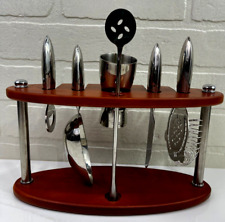Michael Graves Bartender Cocktail Tool Set Wood Stand 6 Stainless Steel Tools picture