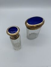 Antique Blue Enamel Copper Glass Containers Vanity Set of 2 picture