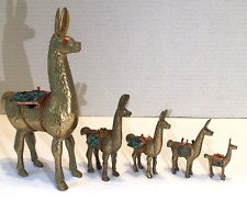 Vintage Solid Brass Alpaca Llama Figurines with Copper Saddle Pack Lot of 5 picture