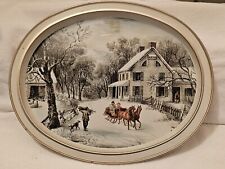 Vintage Currier And Ives The American Homestead Winter Metal Serving Tray Oval picture