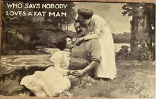 Pretty Girls Love a Fat Man Silly Humor Antique Photo Postcard 1913 picture