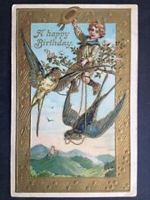 Superb cpa fantasy embossed embossed postcard swallows child birthday picture