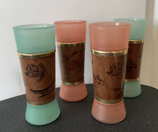 Vintage MCM Set of 4 Siesta Ware Tiki Bar Frosted Glasses Mahogany Wood Wrapped picture