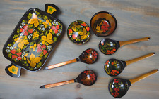 Vintage Russian Handpainted Lacquered Tray, 5 Spoons, 2 Bowls picture