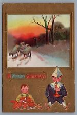 c 1910 Antique MerryChristmas Card Postcard Dutch Children Sheep Snow picture