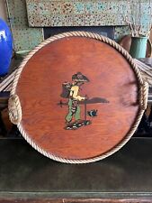🔥🔥Rare Large c. 1930s California Mexican Round Painted Wood Rope Edge Tray 25” picture