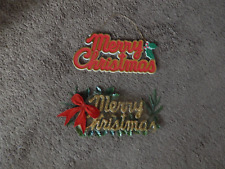 2 Vtg Plastic Merry Christmas Wall Hanging Signs Holly Gold Glitter Holiday picture