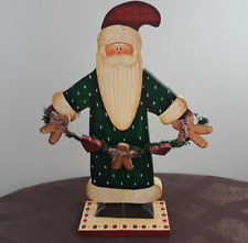 Vintage Christmas Decor Wooden Santa Holding Gingerbread Man & Heart Garland '97 picture