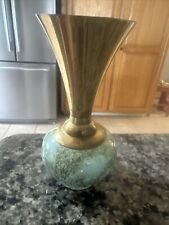 Vintage EB Delft Holland Brass and Handpainted Sky Blue Marbled Ceramic Vase  picture