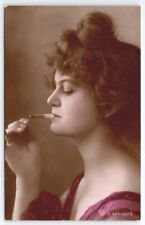 RPPC Pretty Edwardian Glamour Girl Lights Cigarette Real Photo Postcard B35 picture