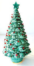 Vintage Lighted Ceramic Christmas Tree All Green with Tiny Red Bulbs 9.5