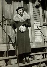 Woman In Long Coat With Fur Collar On Steps Of House B&W Photograph 2.5 x 3.5 picture
