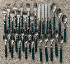 VTG 32-pc Sturdy Green Flatware Plastic Handle Silverware Set, Stainless Steel picture