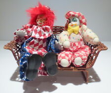 Vintage Porcelain Figurines 2 Small Sitting Clowns on Wicker Bench  picture