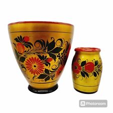 Vintage Khokhloma Russian Folk Art Hand Painted Lacquered Wood Vase & Pot Jar picture