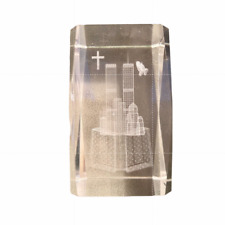 Never Forget 9/11 Twin Towers Laser Etched Crystal Paperweight Cross Prayer picture