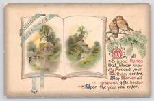 John Winsch~c1910~Birthday Greetings~Lakehouse~Book~Ribbon~Poem~Birds~PM 1911 PC picture