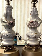 Pair 1940’s CORDEY Porcelain Lady & Gentleman Figural Boduoair Large Lamps picture