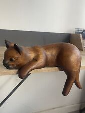 Vintage Wooden Hand Carved Polished Sleeping Cat Curled Up Figurine 10” picture