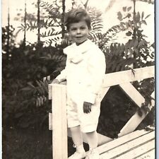 ID'd c1910s Handsome 3yo Boy Smile Bench RPPC Pristine White Outfit Oliver A140 picture