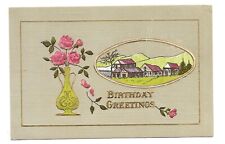 Birthday Greetings Vase with Roses Farm Scene Embossed Gold Postcard picture