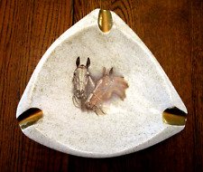 VINTAGE MID-CENTURY speckled triangular ceramic ashtray with horses-signed picture