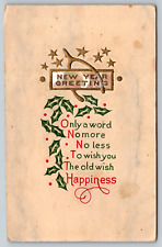 c1910s New Year Greetings Happiness Stars Embossed Antique Vintage Postcard picture