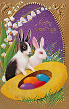 Easter Greetings Bunnies Eggs Flowers Gold Gilt Embossed E. Nash Vtg Postcard picture