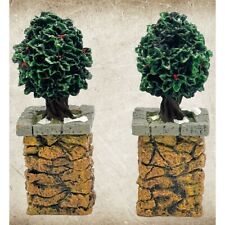 Dept 56 Dickens Village Stone Corner Posts w/Holly Tree Topiary Set of 2 Xmas picture
