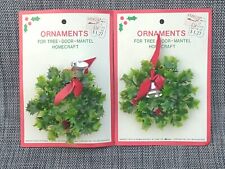 Vintage Plastic Green Holly Leaf Ornament Wreath Silver Bell Red Bow 4