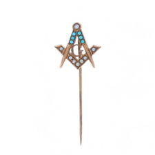 Yellow Gold Blue Lodge Victorian Master Mason Stickpin 10k Turquoise Antique picture
