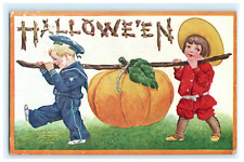 1908 Halloween  Boy & Girl Carrying Large Pumpkin Tied To A Stick - Damaged picture