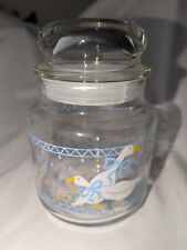Vintage Anchor Hocking Country White Geese Blue Ribbon Bow Glass Jar  picture