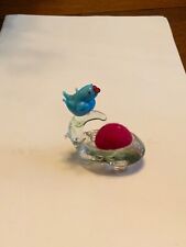Vintage Hand Blown Glass Blue Bird On A Branch Nest Pin Cushion picture
