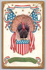 Postcard Thanksgiving Patriotic Turkey American Flag Embossed Antique 1908 picture