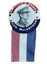 American Hero 1948 GEN. Douglas MacArtur Vintage BUTTON W/RIBBON PIN NICE picture