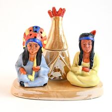 Native American Indians w Teepee Salt Pepper Shakers Mustard Condiment Set VTG picture