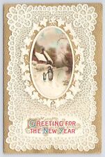 B B London~#64~PM 1911~Greeting For New Year~Lady & Child On Snow Walk~House~Vtg picture