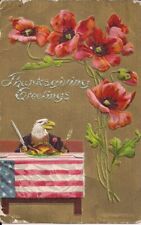 Patriotic Thanksgiving, American Eagle Dining on Turkey, Flag 1910 HURT CARD picture