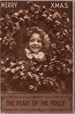 c1910s CHRISTMAS Greetings Postcard Little Girl / Holly Wreath 