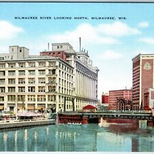 c1940s Milwaukee, Wis. River Scene look North Bridge Cars Bank Office Bldgs A228 picture