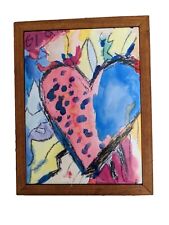 Studio Art Ceramic Tile Wall Or Trivet Hand Painted  Framed  Heart Signed 6x9