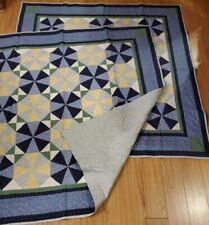 2-Homemade Patchwork Quilts Blue Yellow Green Quilts Throws 58in x 58in picture